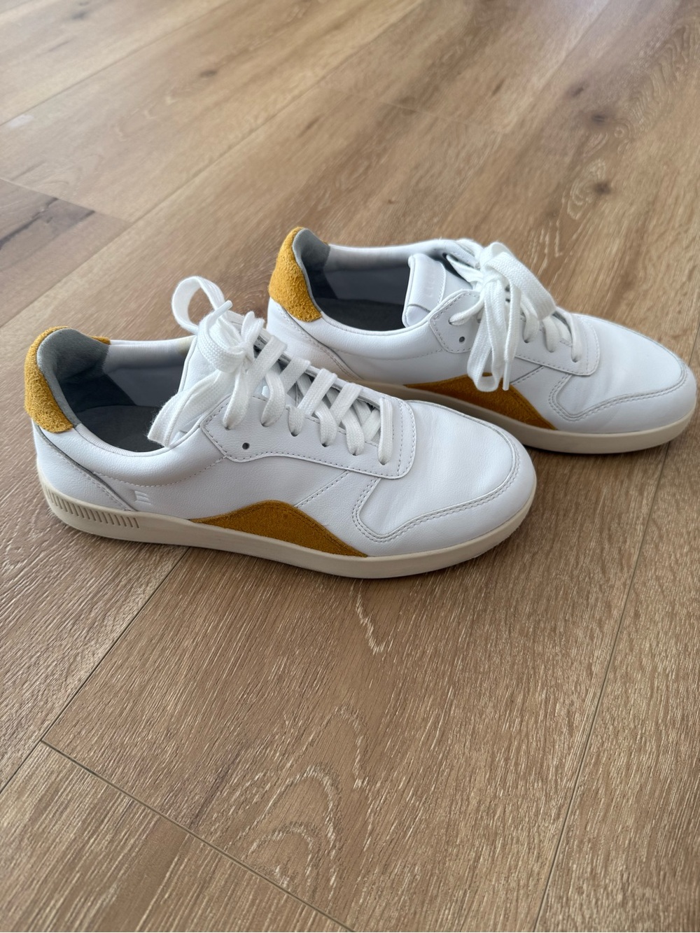 Everlane releather sneakers. White with Mustard Accent
